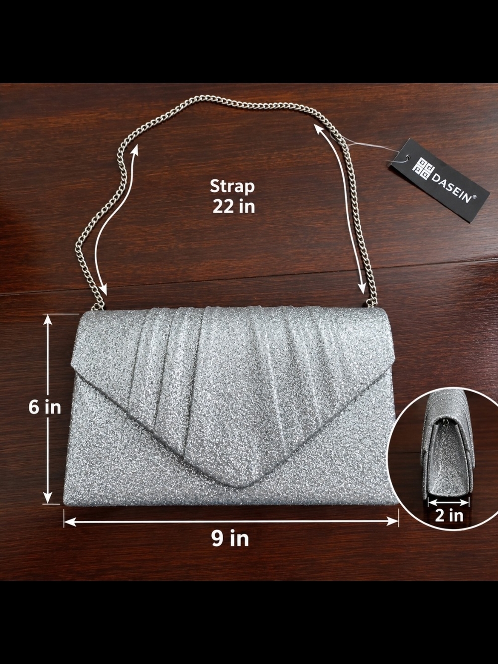 Dasein Silver Glitter Evening Clutch Crossbody Bag Chain Strap NWT